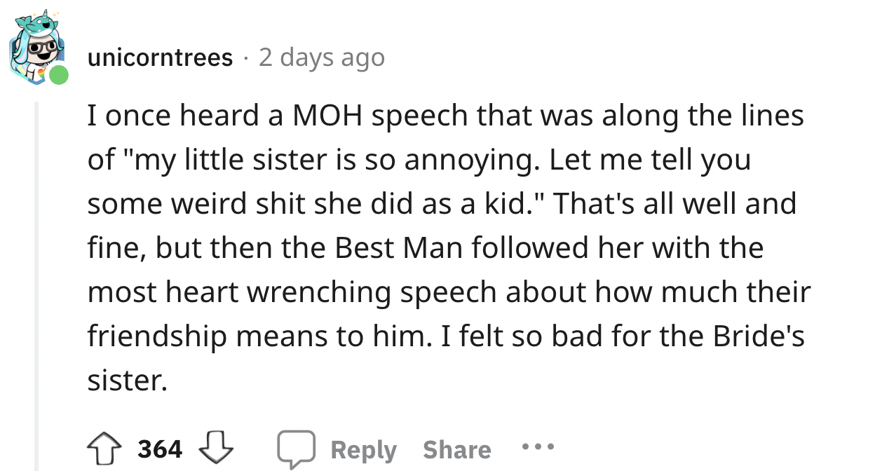 screenshot - unicorntrees 2 days ago I once heard a Moh speech that was along the lines of "my little sister is so annoying. Let me tell you some weird shit she did as a kid." That's all well and fine, but then the Best Man ed her with the most heart wren